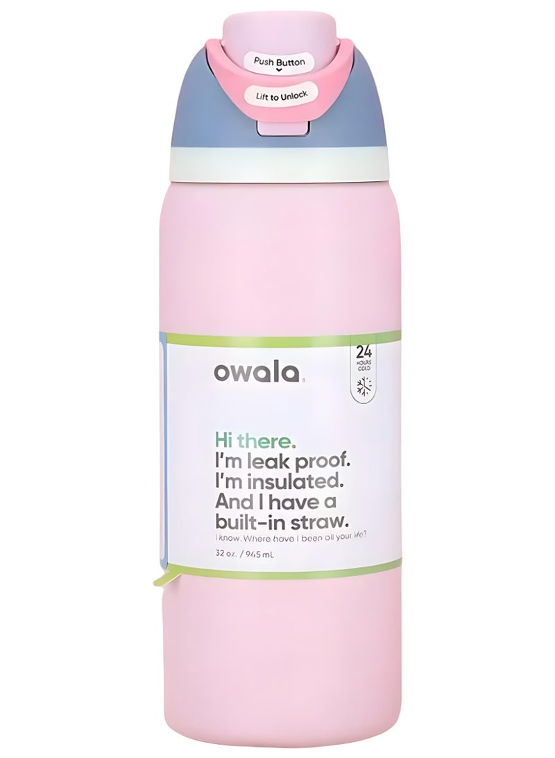 زجاجة ماء عازلة من الفولاذ المقاوم للصدأ Owala FreeSip مع قشة، مقاومة للتسرب، خالية من BPA، 32 أونصة، نكهة باردة، عبوة واحدة، (ماكرون فراولة) - Image 1